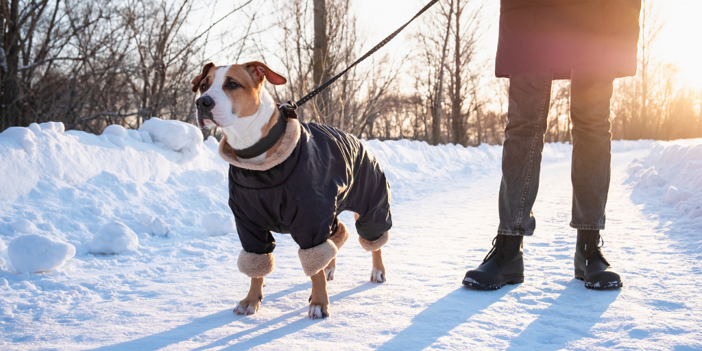 pitbull american staffordshire terrier dog in winter walking outside coat jacker cold