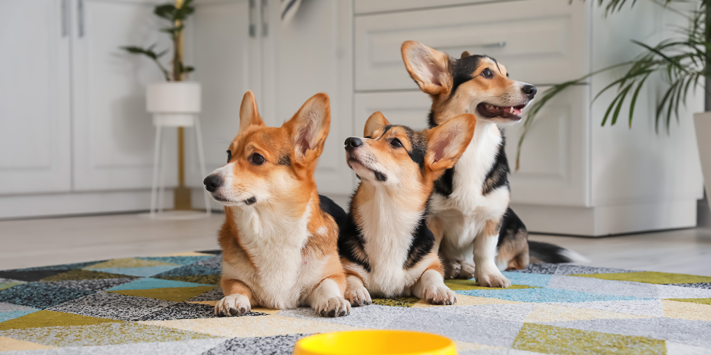 Pembroke welsh corgi dogs in kitchen on geometric mid century modern rug with plants in background